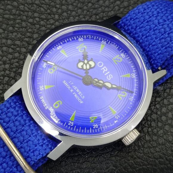 Vintage 1981 Oris Manual Mens Silver Watch W/Nato Strap & Blue accents - Picture 6 of 9